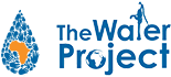 Logo of The Water Project, featuring a stylized blue water droplet with an orange silhouette of Africa to the left of the blue text 'The Water Project'.