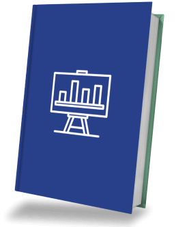 A standing book with a blue cover featuring a white icon of a chart on an easel.