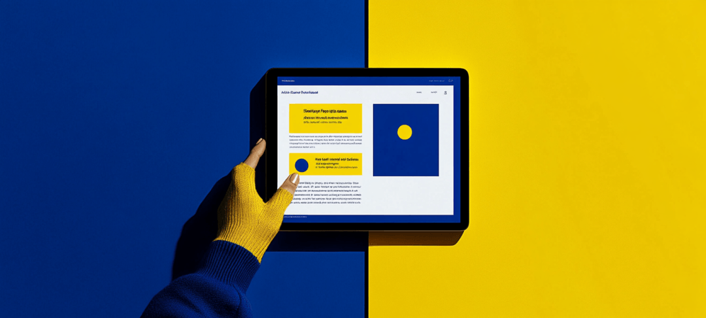 Hand using a tablet on a blue and yellow background