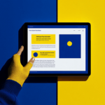 Hand using a tablet on a blue and yellow background