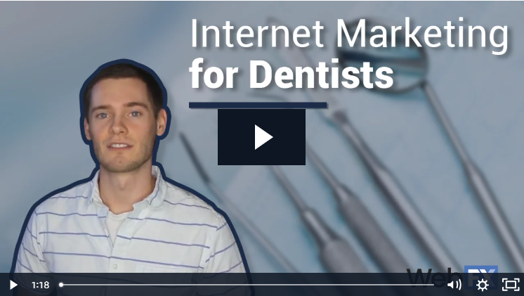 A man standing in front of a presentation slide about 'Internet Marketing for Dentists' with dental tools in the background and a video playback button overlay.