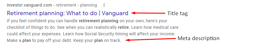 Title tag and meta description for retirement planning