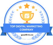 Badge with a blue ribbon design and a gold trophy icon, indicating 'TOP DIGITAL MARKETING COMPANY' by goodfirms.co.