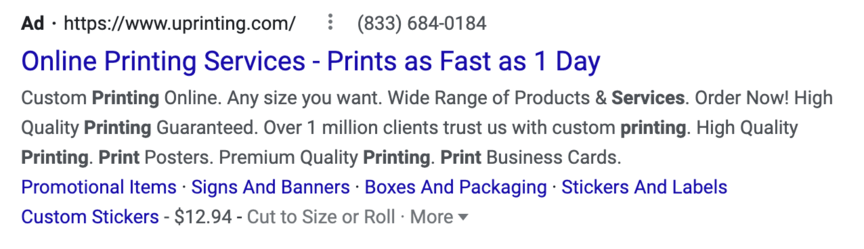 Google PPC search ad example