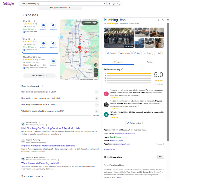 An optimized Google Business Profile featuring photos, service areas, and reviews to increase local engagement.
