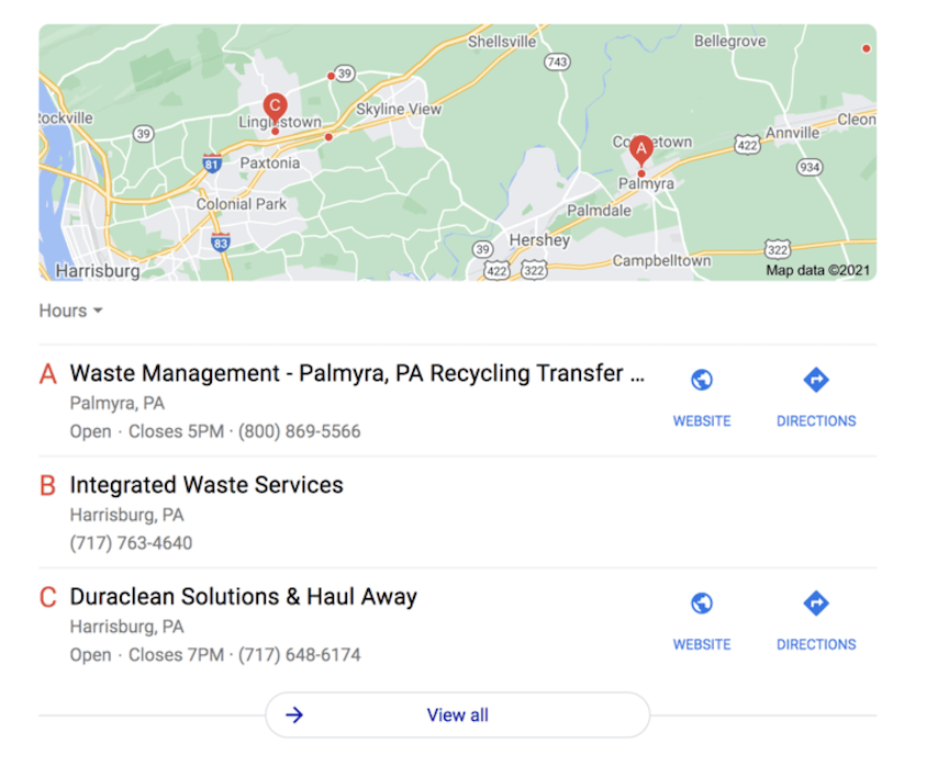 Google my business waste management local search results