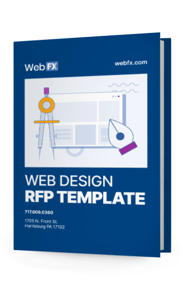 Cover of a WebFX booklet titled 'WEB DESIGN RFP TEMPLATE' with graphic elements symbolizing web design and the company's address.