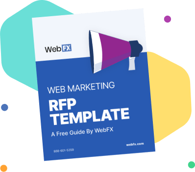 A colorful graphic of a Web Marketing RFP (Request for Proposal) Template guide by WebFX with a megaphone illustration on the cover, set against a background with abstract shapes in pastel colors.