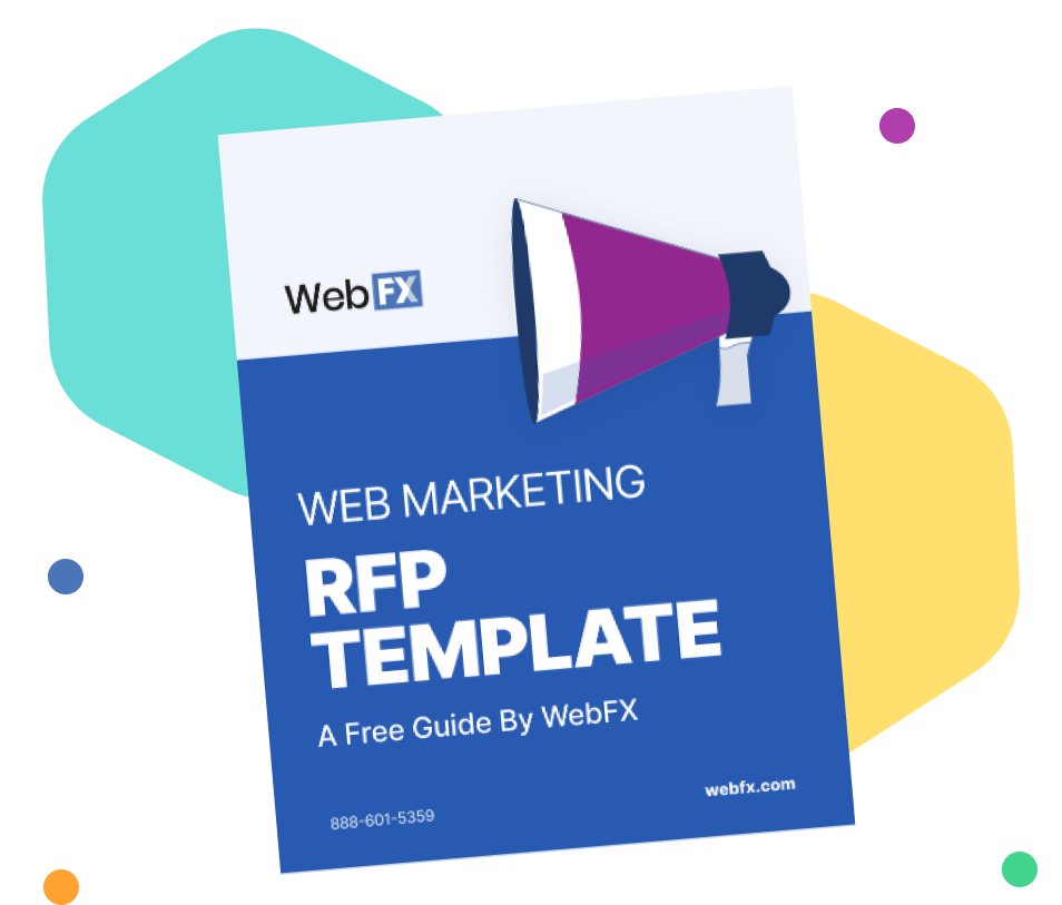 Illustration of a Web Marketing RFP Template guide by WebFX with a megaphone icon, contact information, and abstract pastel shapes in the background.