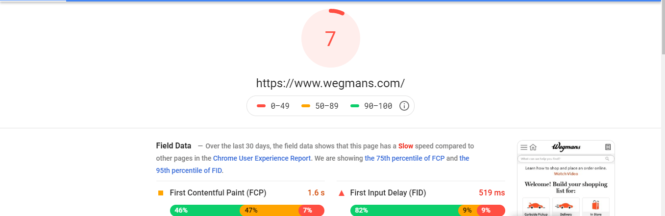 a page speed reading for a website