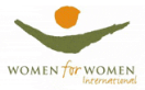 Logo of Women for Women International, featuring an abstract figure with arms stretched upwards, forming a bird-like shape with an orange circle above, symbolizing the sun.