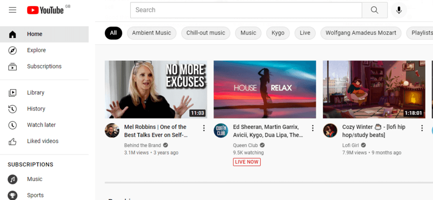 YouTube home page