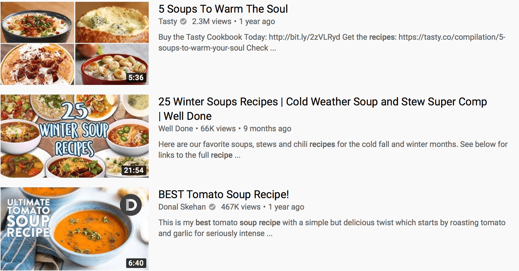 A screenshot of a YouTube search result on soup recipes