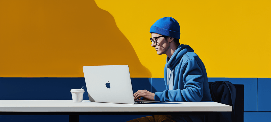 Person in blue beanie and hoodie working on a MacBook at a white table with a disposable coffee cup, against a diagonally split yellow and blue background.