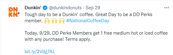 Dunkin' tweet from National Coffee Day