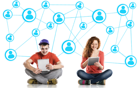 A young man and a young woman sitting on the ground, each using a tablet, with a stylized social network graphic of connected blue person icons in the background.