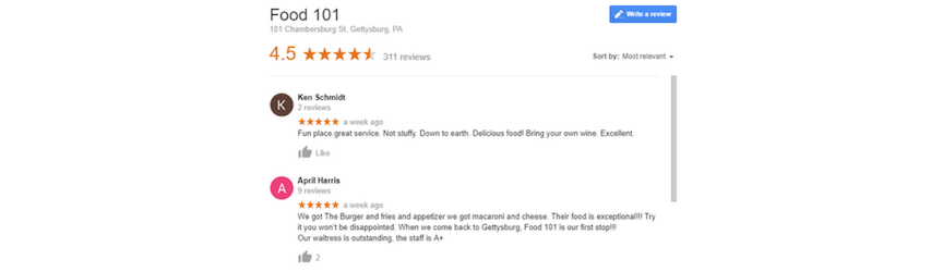 Example of Google My Business Reviews