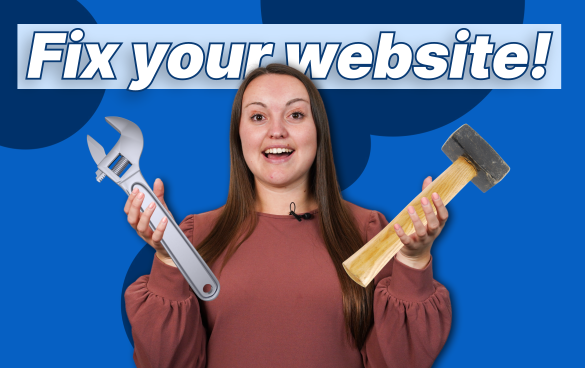 A woman in a pink shirt holds a wrench and a hammer