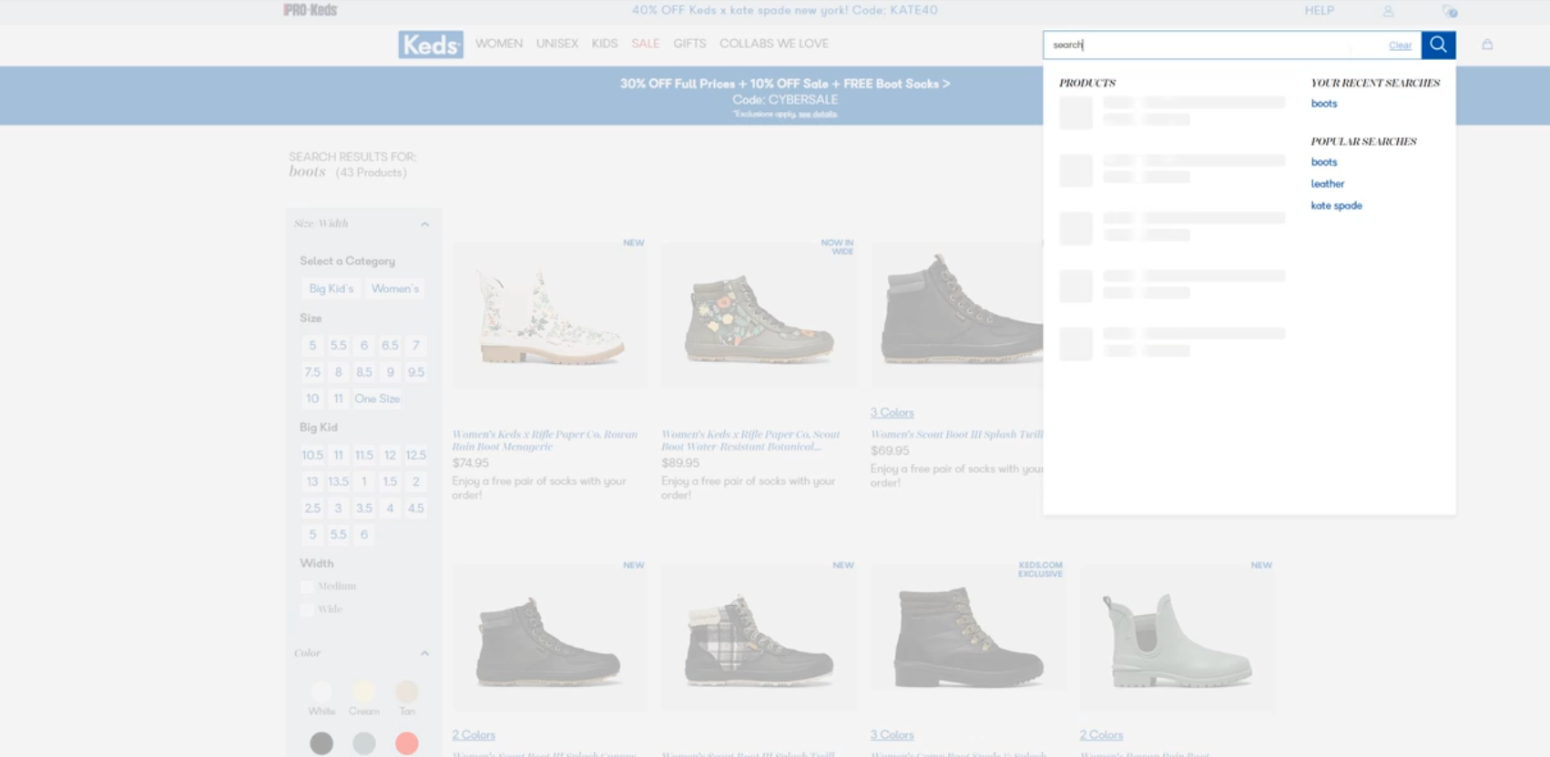 A screenshot of the search bar on the Keds website