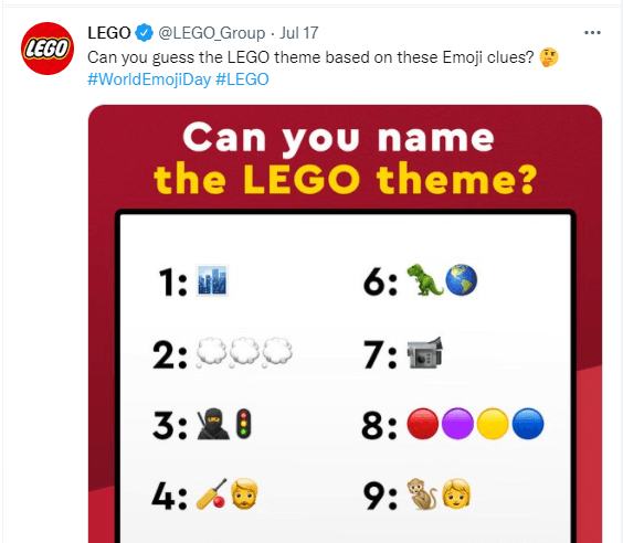 Lego tweet on National Emoji Day that asks people to solve the emoji riddles