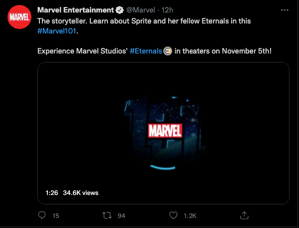 Social media post from Marvel about their Eternals movie