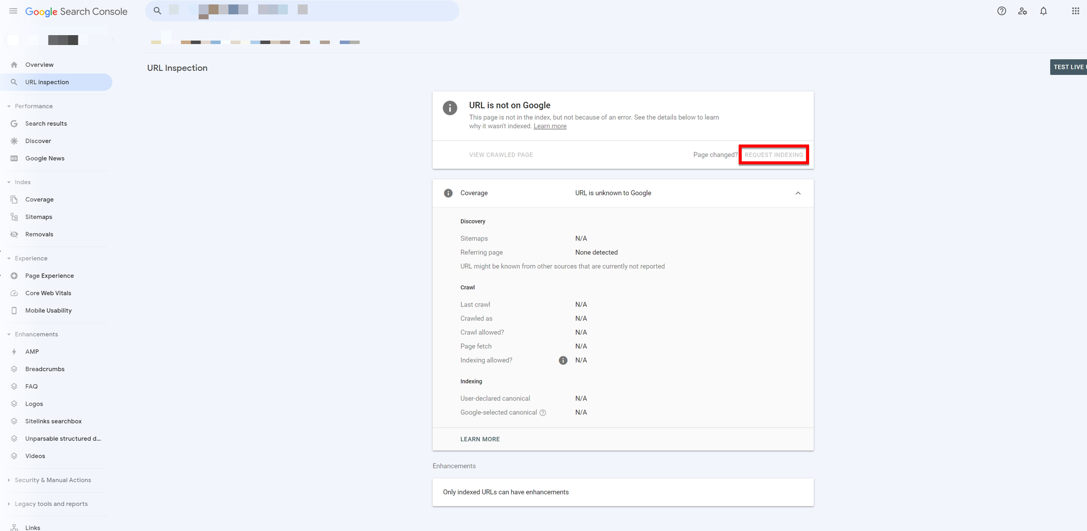 Google Search Console request indexing options