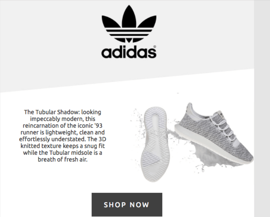 6 maneiras de melhorar seu engajamento de marketing por e-mail 2 E-mail da Adidas apresentando um CTA que convida os compradores a "comprar agora"