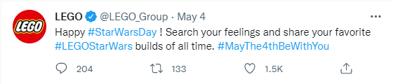 Lego tweeting about Star Wars Day