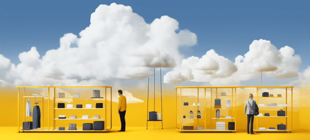 Two people browsing through items in a minimalist, surreal outdoor retail space with bright yellow shelves under a blue sky with clouds. The shelves display clothing, shoes, and bags.