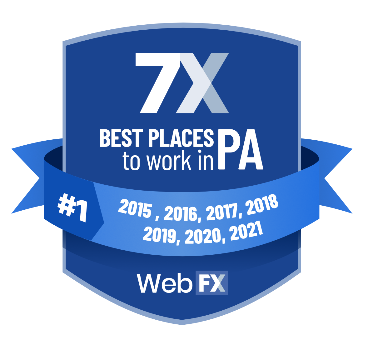 Graphic badge with a blue ribbon indicating '7X BEST PLACES to work in PA' for the years 2015 to 2021, with '#1' in the center and 'Web FX' at the bottom.