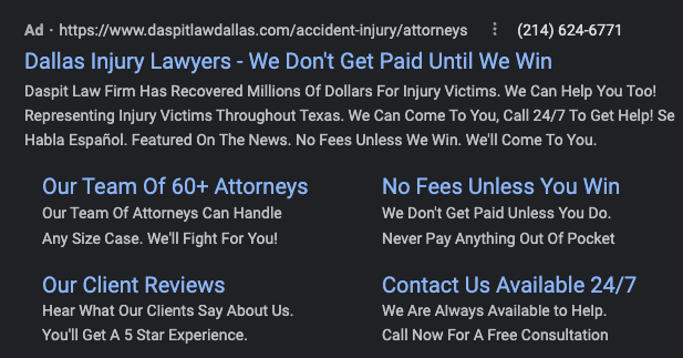 PPC listing for an accident lawyer in Dallas