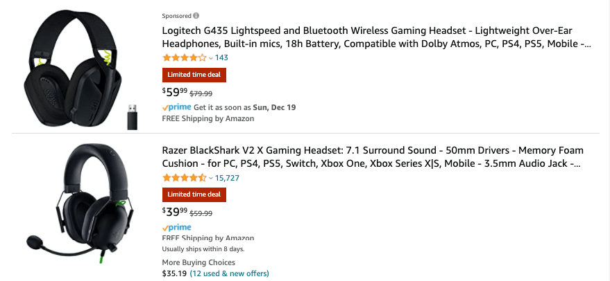 Amazon product listings for a gaming headset