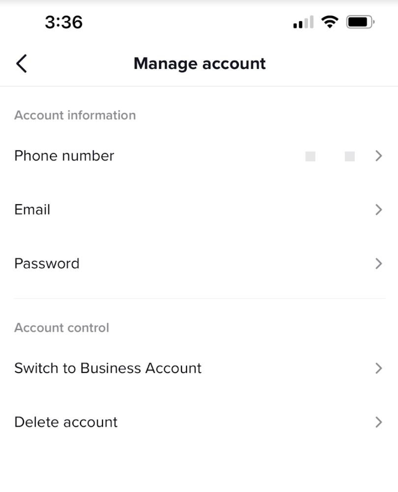 The TikTok account settings