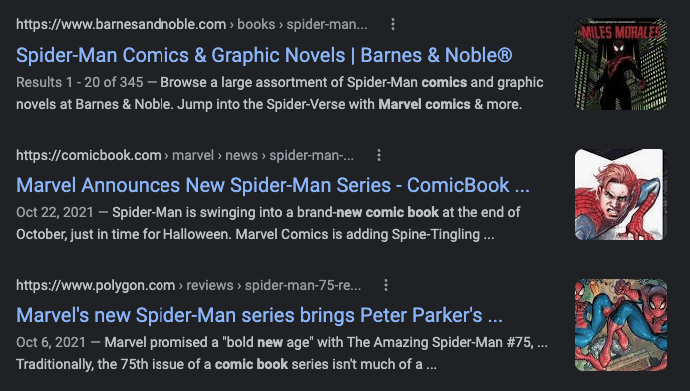 SEO listings for comic books