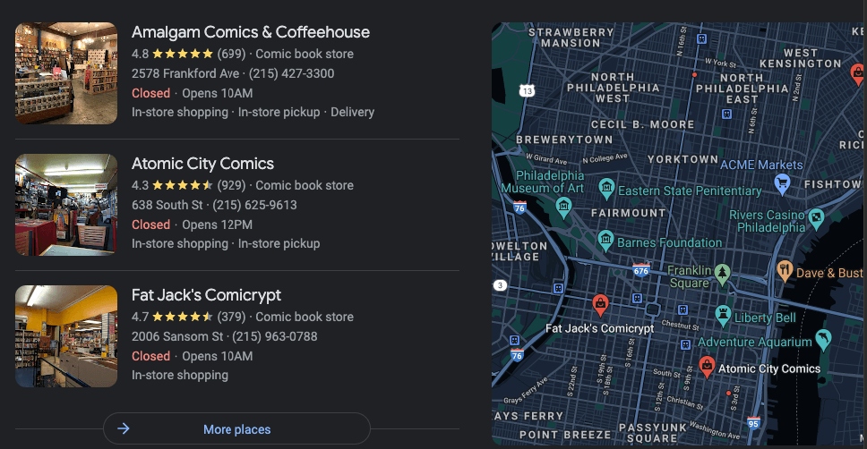 Local listings for comic book stores in Philly