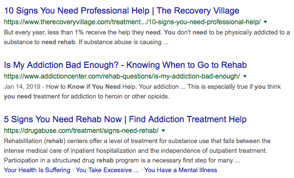 Content listings for rehab centers