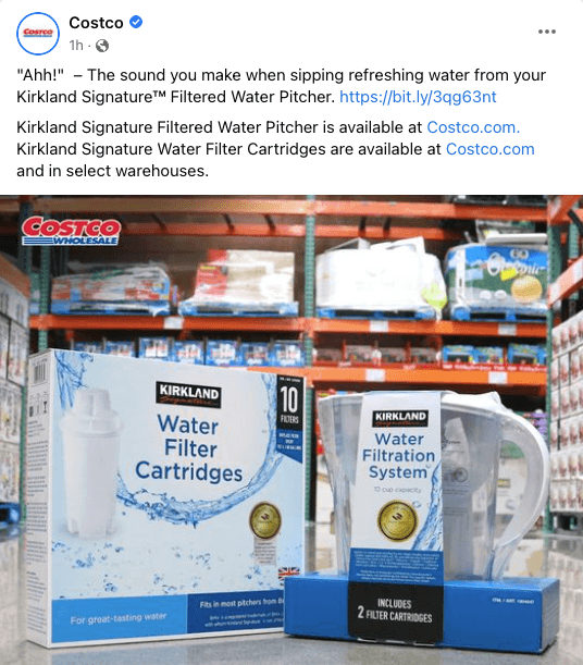 Social media post from Costco about their water pitchers and filters