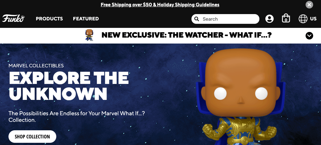 Funko website featuring their products