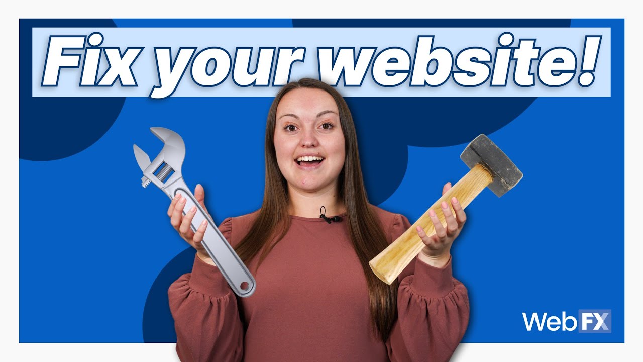 "Fix your website!" with a woman in a red blouse holding up tools in each of her hands.