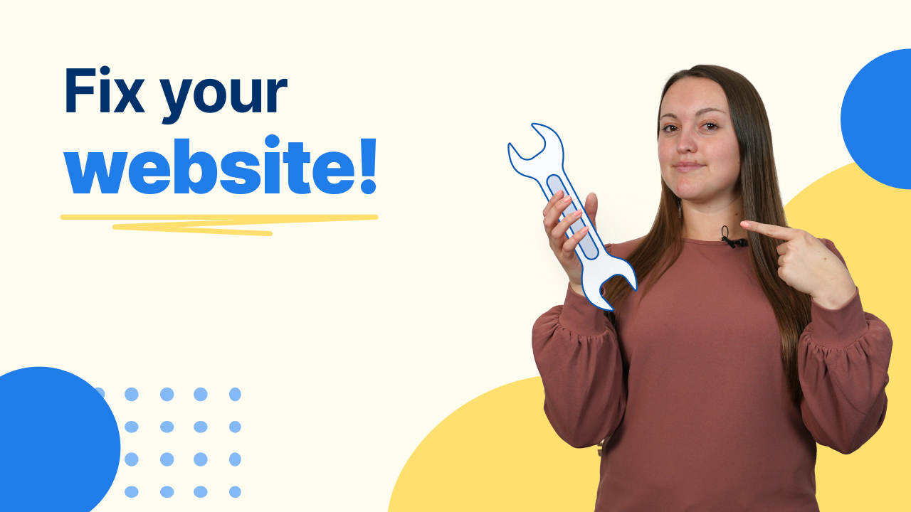 "Fix your website!" with a woman in a red blouse holding up tools in each of her hands.