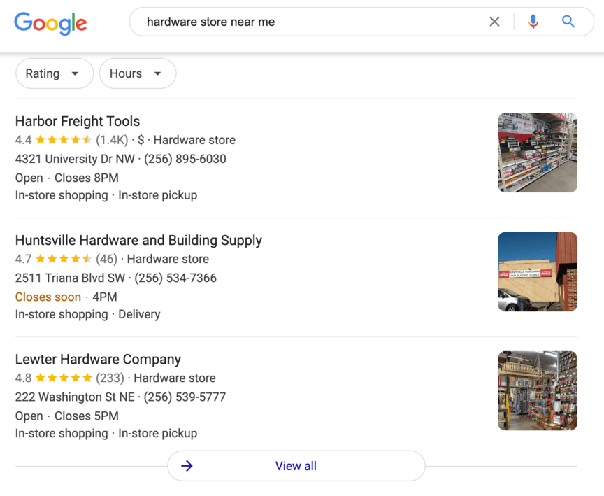 hardware store google local pack