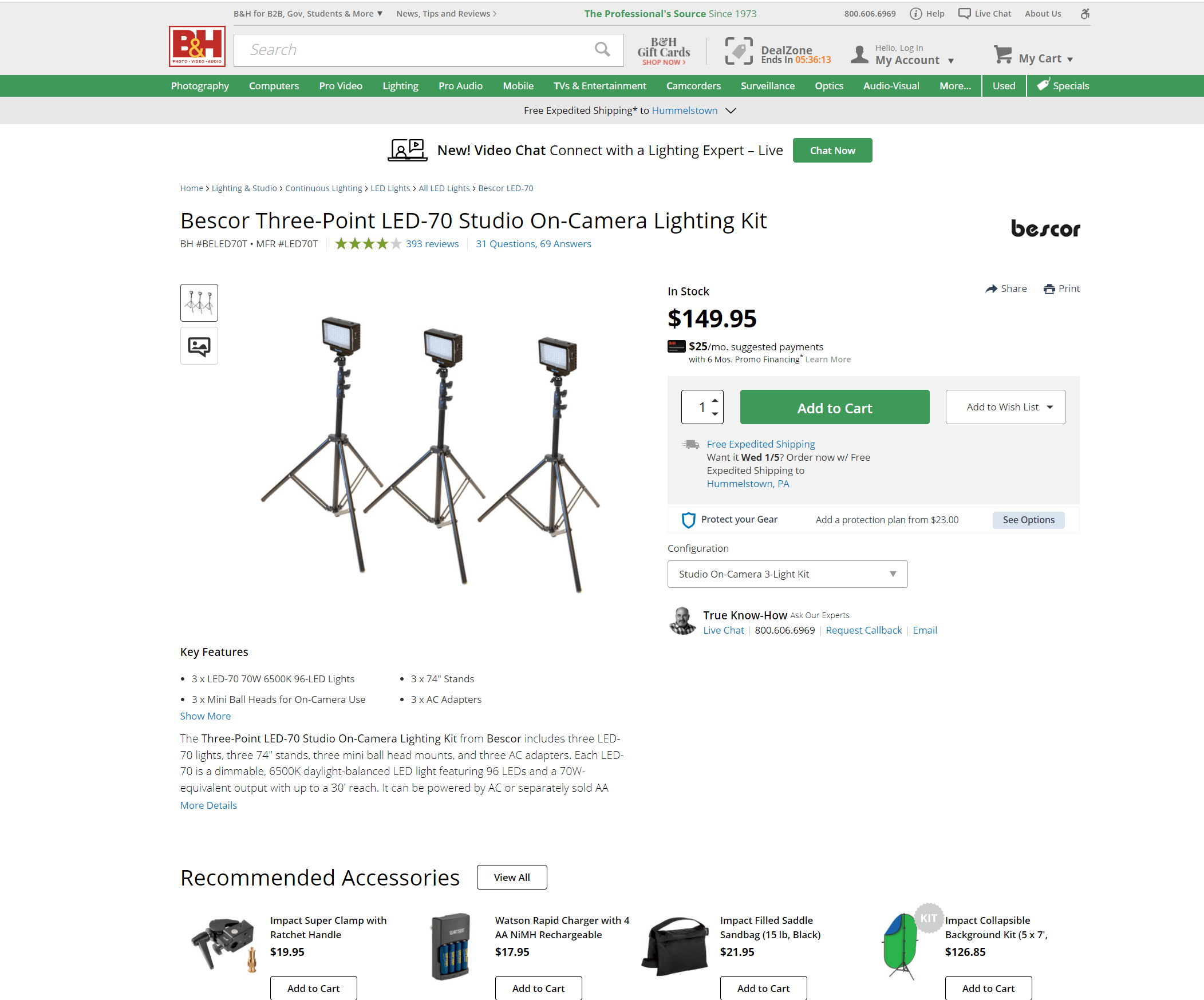 A three point lighting kit for sale on B&H's website