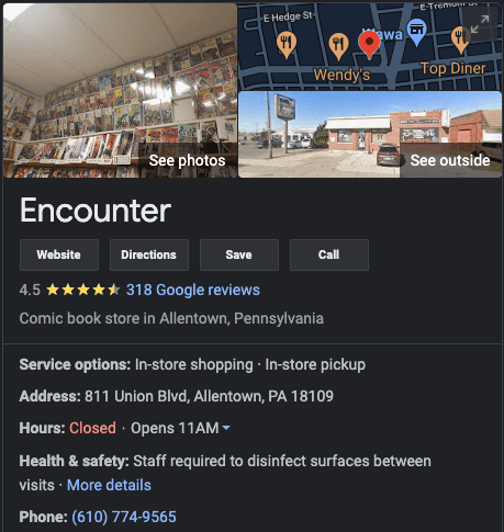 Local listing for a comic book store