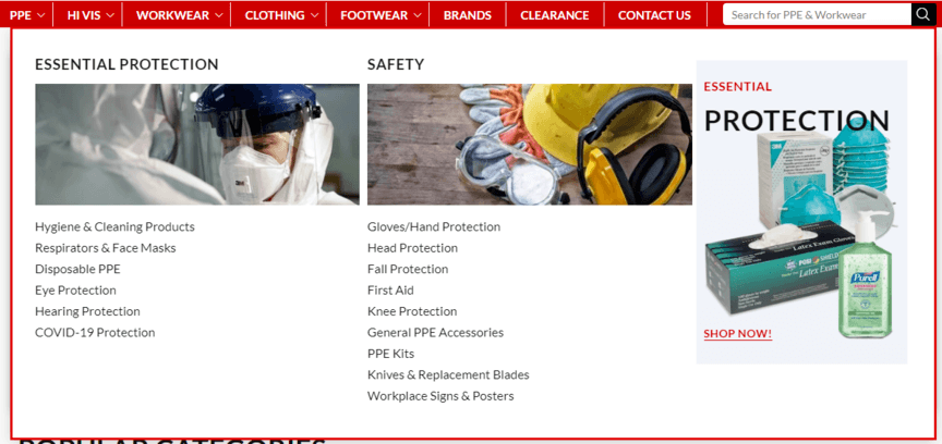 Web design for PPE companies: Navigation example