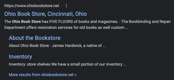 SEO listing for the Ohio Book Store