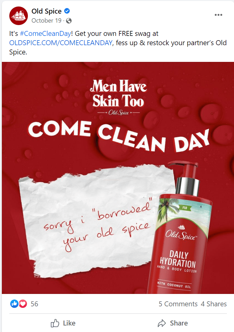 An Old Spice Facebook post addressing Come Clean Day