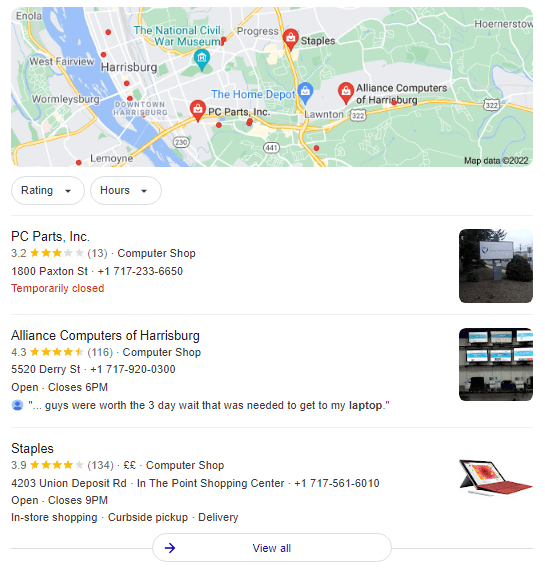 Computer shop location listings on Google