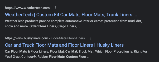 SEO listing for Weathertech floor liners