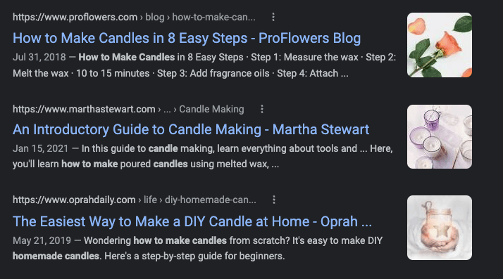 SERP for how to make candles search