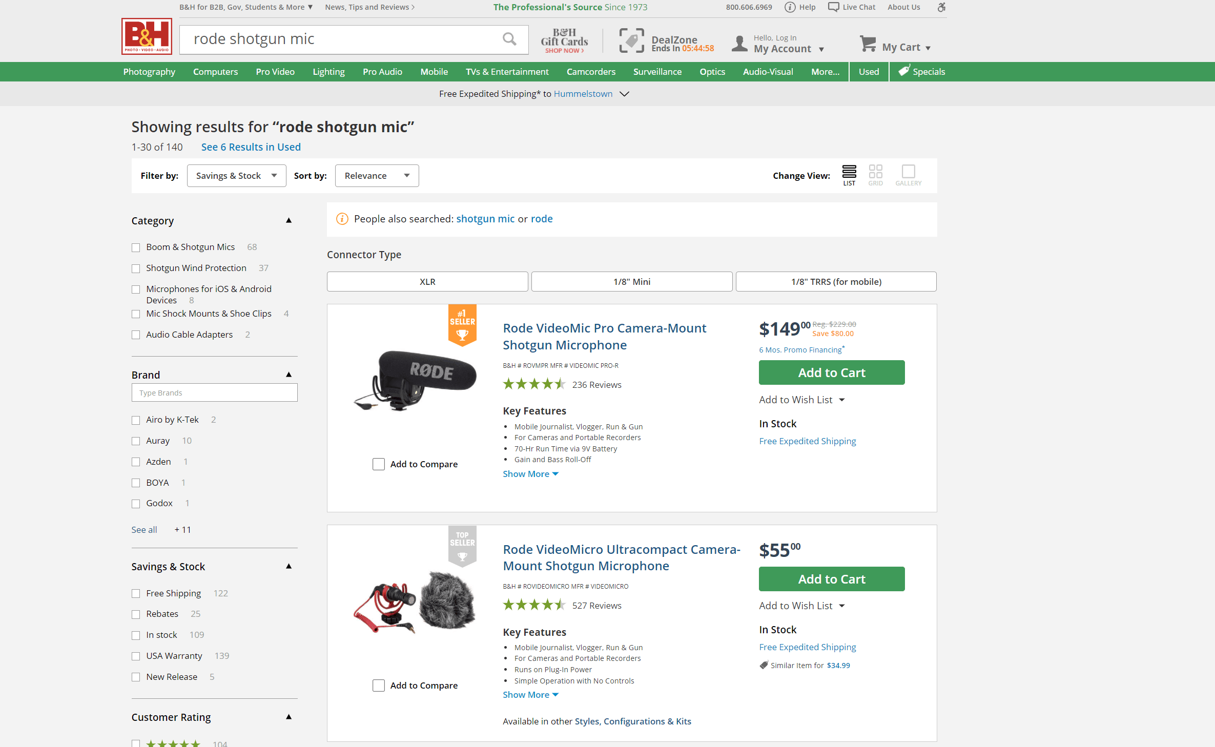 Shotgun microphones for sale on B&H's website